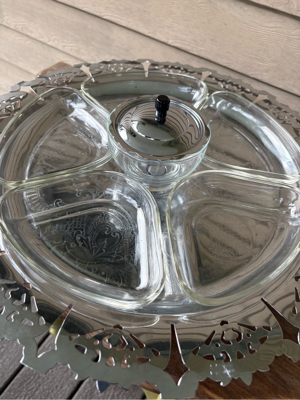 VTG silver-plated lazy susan with glass sectional inserts for serving